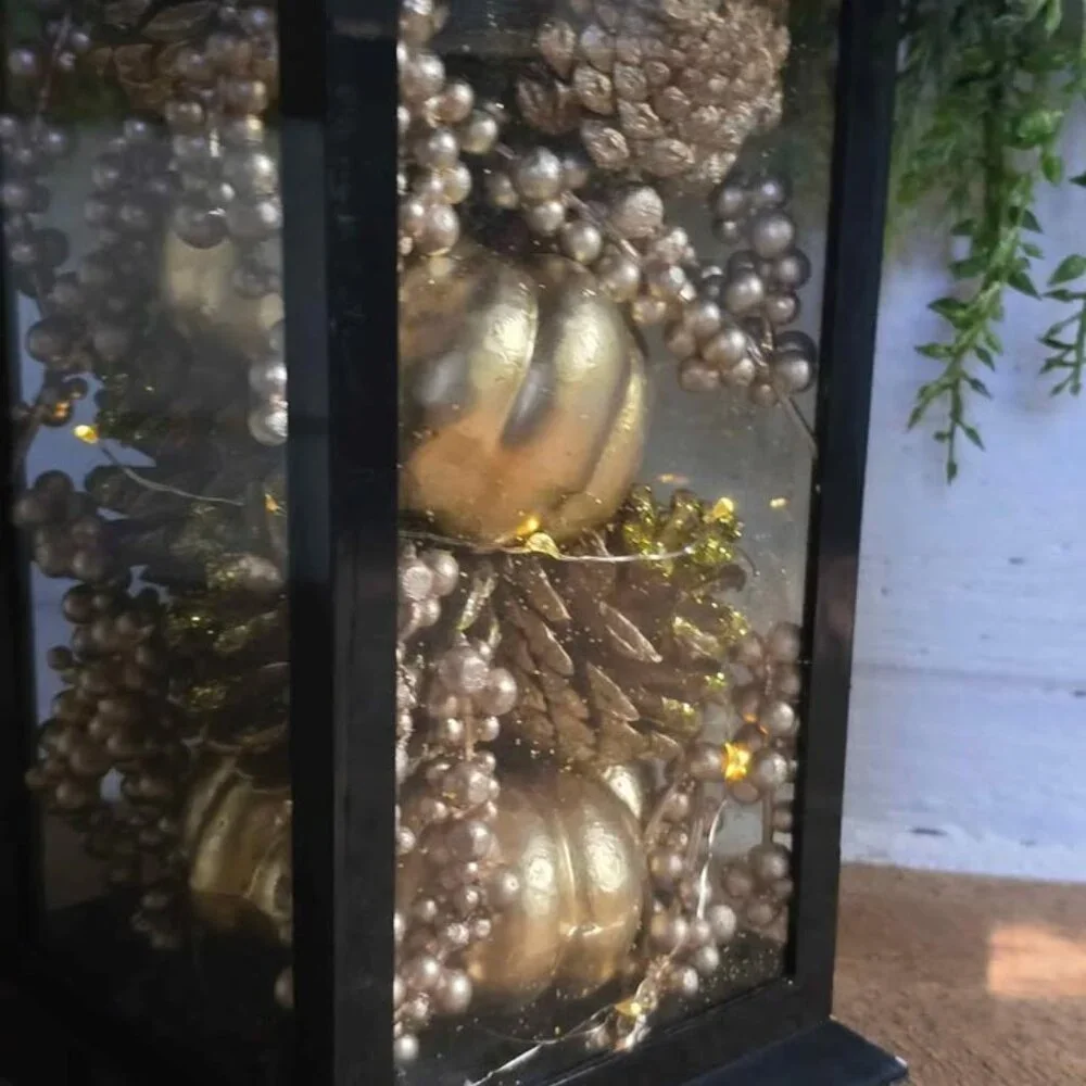 Light Up Gold Champagne Pumkin Berry Pinecone Fall Harvest Black Plastic Lantern